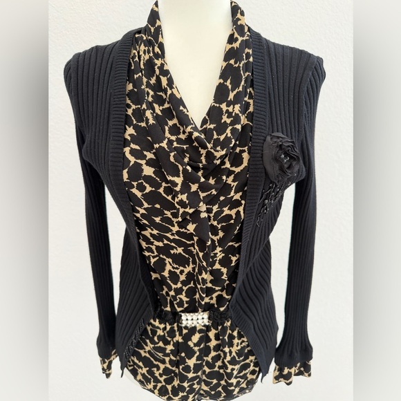 Sweaters - Black Ribbed Sweater with Leopard Print Accent